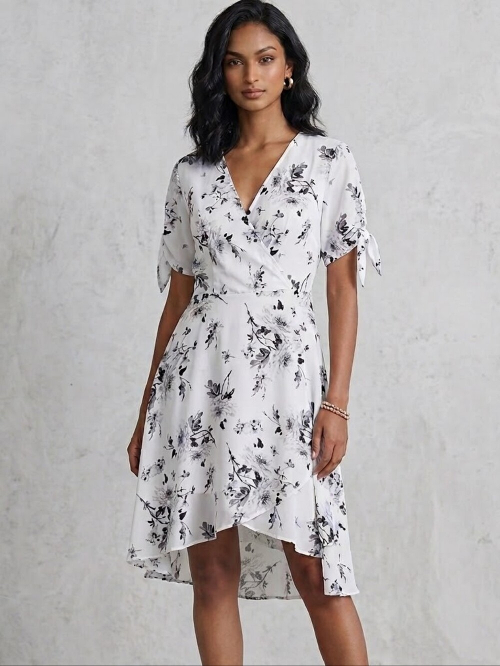 Floral Wrap V-Neck High-Low Dress in White and Black